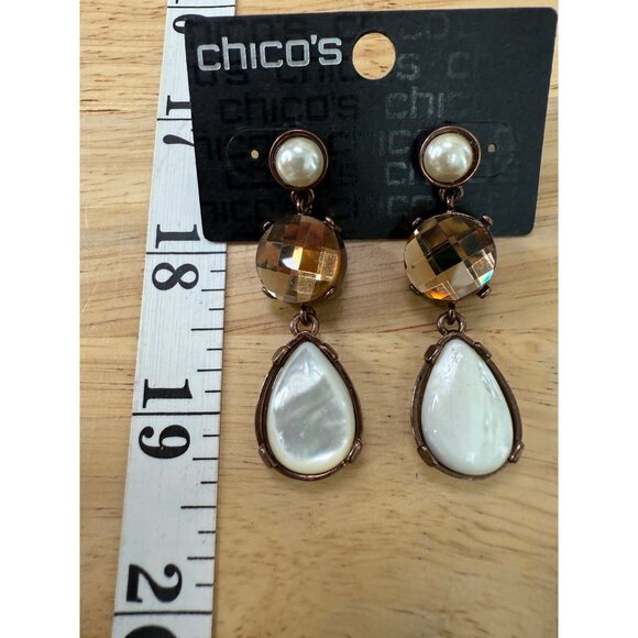 Chicos Brown Queens Royal Jewels Dangle Earrings With Faux Pearls & Faceted Gems - Picture 8 of 11